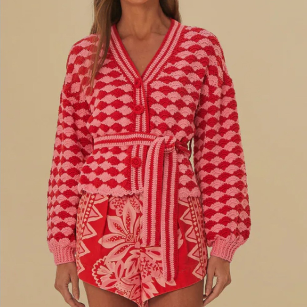 FARM Rio 🍃 HTF ✨ Fan Stitch Belted Crochet Cardigan, Red + Pink, Size Large, NEW - Picture 7 of 14